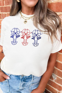 White Embroidered Crayfish Graphic Casual T Shirt