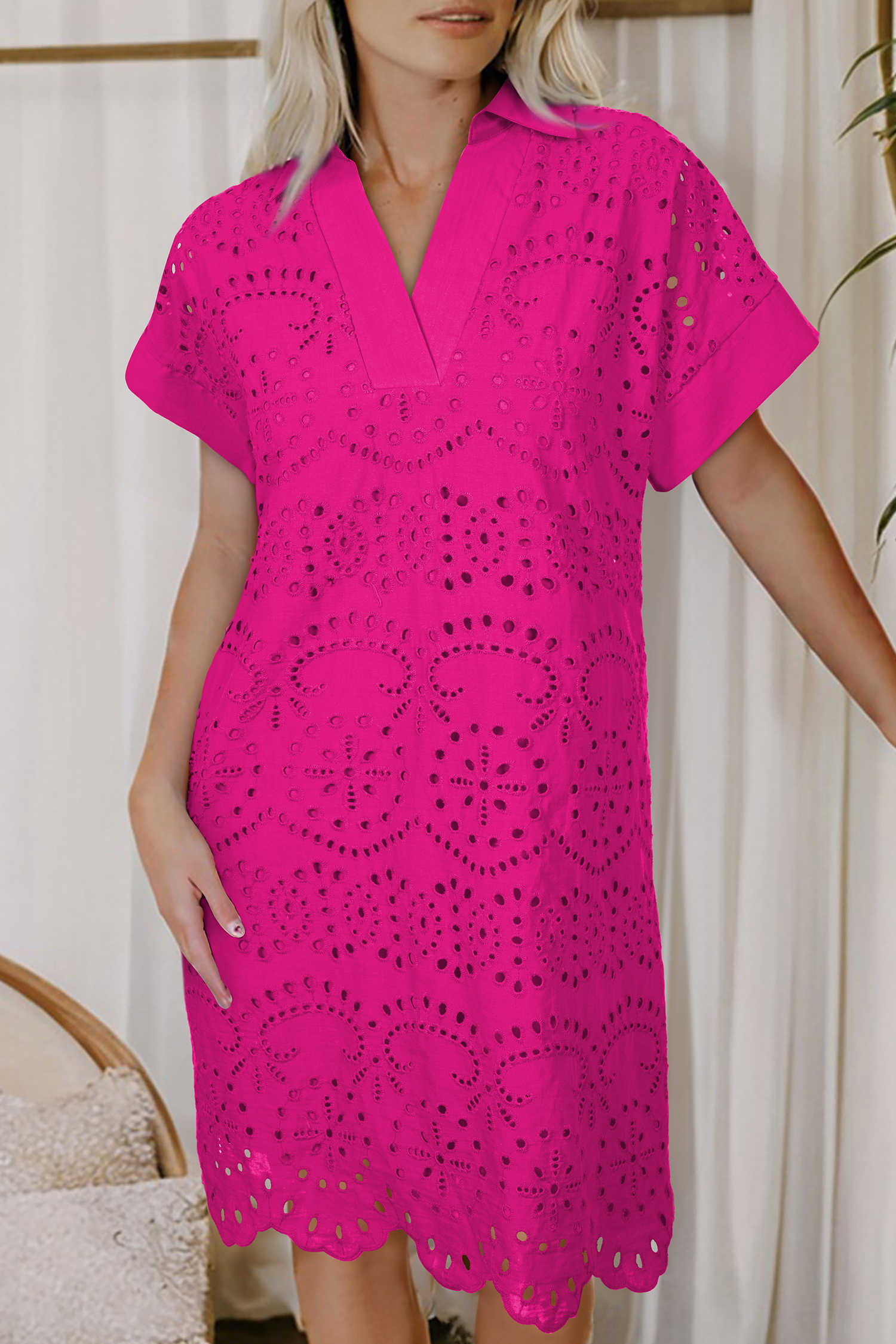 Rose Red Solid Color Eyelet Embroidered T Shirt Mini Dress