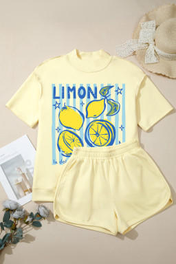 Yellow Cream LIMON CELLO Mock Neck Oversize Tee Short Set