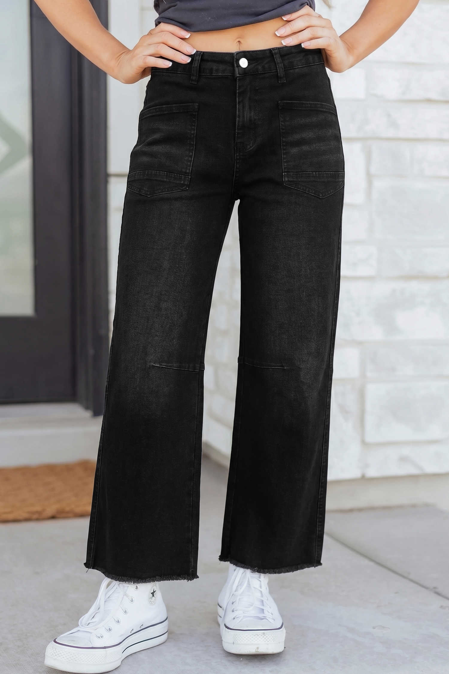 Black Frayed Cropped Straight Jeans