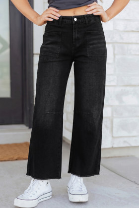 Black Frayed Cropped Straight Jeans