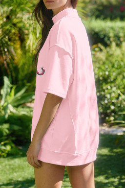 Light Pink USA Patriotic Sequin Graphic Mock Neck Oversize Tee Short Set