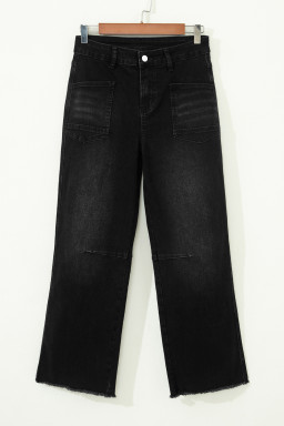 Black Frayed Cropped Straight Jeans