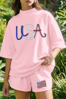 Light Pink USA Patriotic Sequin Graphic Mock Neck Oversize Tee Short Set