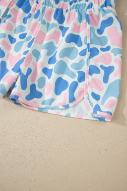 Sky Blue Camouflage Print Shirred High Waist Athleisure Shorts