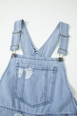 Mist Blue Retro Distressed Button Adjustable Straps Denim Overall Jumpsuit
