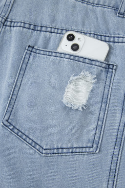 Mist Blue Retro Distressed Button Adjustable Straps Denim Overall Jumpsuit