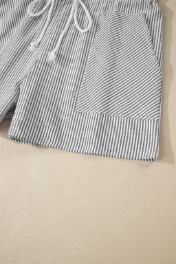 Gray Stripe Lace-up Elastic Waist Casual Pocketed Shorts