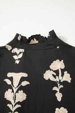 Black Frilled V Neck Puff Short Sleeve Floral Mini Dress