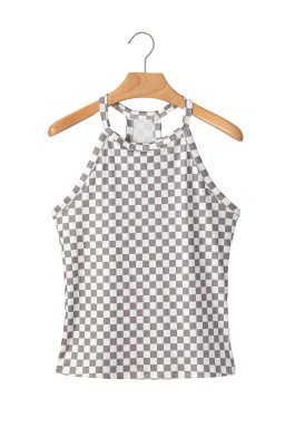 Gray Checkered Print Textured Halter Tank Top