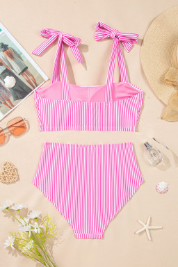 Rose Stripe Print Knot Straps 2pcs High Waist Bikini Swimsuit