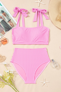 Rose Stripe Print Knot Straps 2pcs High Waist Bikini Swimsuit