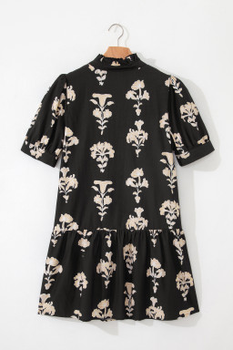Black Frilled V Neck Puff Short Sleeve Floral Mini Dress