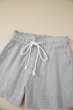 Gray Stripe Lace-up Elastic Waist Casual Pocketed Shorts