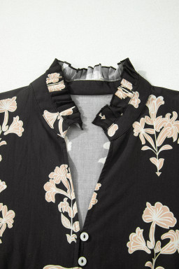Black Frilled V Neck Puff Short Sleeve Floral Mini Dress