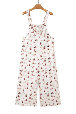 Beige Western Printed Button Adjustable Straps Loose Jumpsuit Dungarees