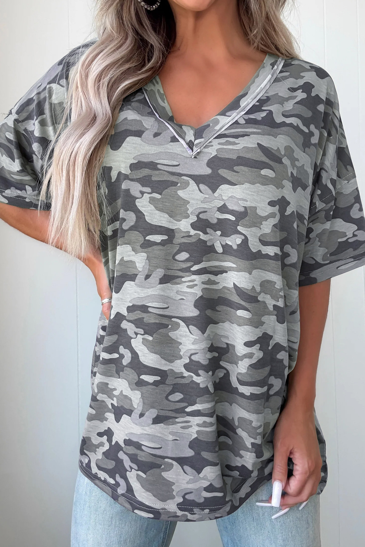 Green Retro Camouflage Print Raw Edge V Neck Tee