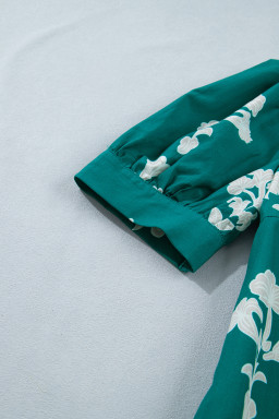 Green Frilled V Neck Puff Short Sleeve Floral Mini Dress