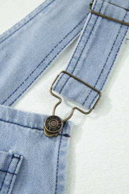 Mist Blue Retro Distressed Button Adjustable Straps Denim Overall Jumpsuit