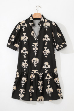 Black Frilled V Neck Puff Short Sleeve Floral Mini Dress