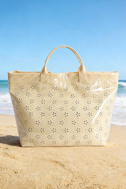 Beige Eyelet Flower Pattern PVC Glossy Waterproof Tote Bag