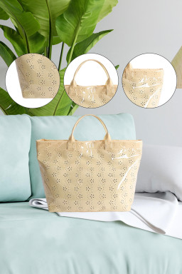 Beige Eyelet Flower Pattern PVC Glossy Waterproof Tote Bag