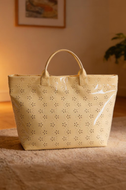 Beige Eyelet Flower Pattern PVC Glossy Waterproof Tote Bag