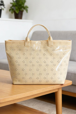 Beige Eyelet Flower Pattern PVC Glossy Waterproof Tote Bag