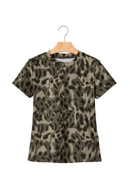 Brown Retro Leopard Print Mock Neck Slim Tee