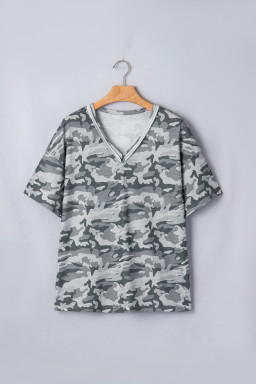 Green Retro Camouflage Print Raw Edge V Neck Tee
