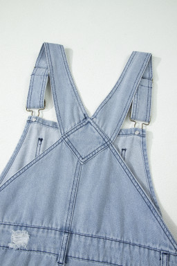 Mist Blue Retro Distressed Button Adjustable Straps Denim Overall Jumpsuit