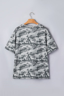 Green Retro Camouflage Print Raw Edge V Neck Tee