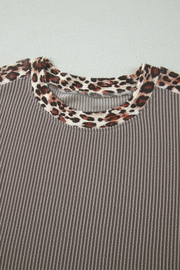 Light Grey Leopard Trim Twist Ribbed Short Set