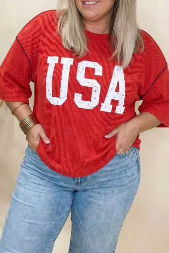 Fiery Red Plus Size Twisted Rib Vintage USA Letter Printed T Shirt