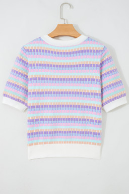 Purple Abstract Striped Knit Short Sleeve Sweater