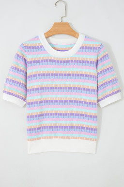 Purple Abstract Striped Knit Short Sleeve Sweater
