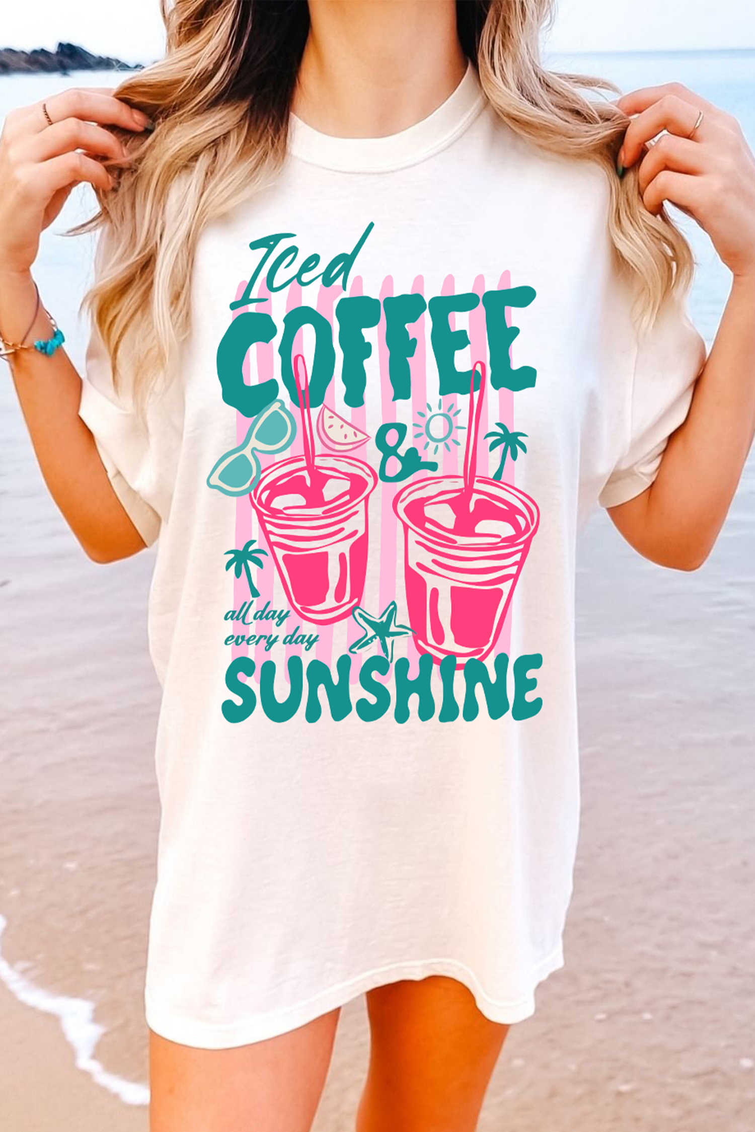 White Iced Coffee Sunshine Vacation Graphic Tunic T Shirt