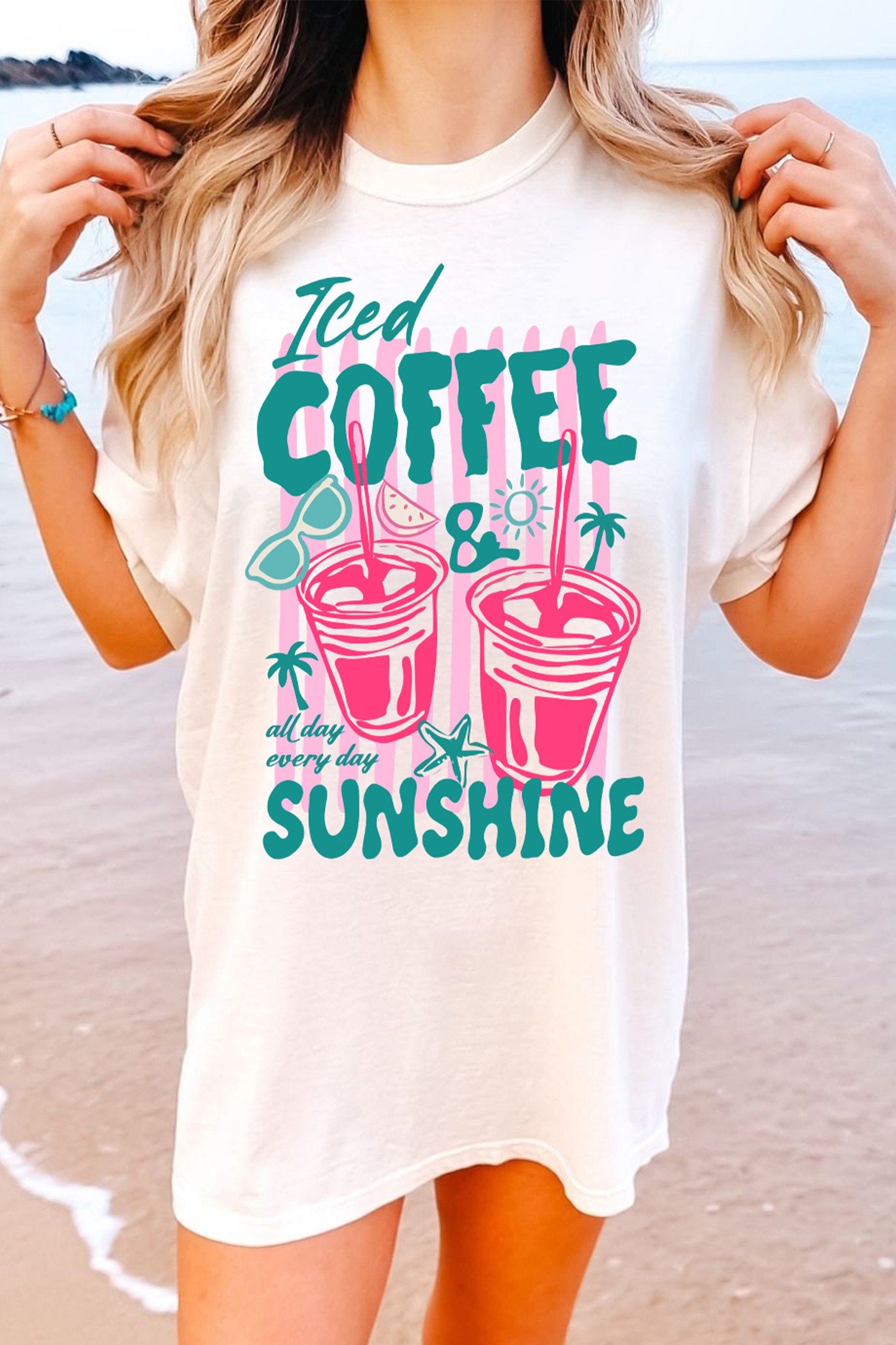 White Iced Coffee Sunshine Vacation Graphic Tunic T Shirt