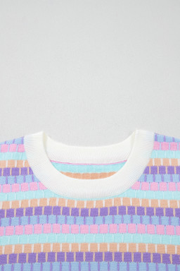 Purple Abstract Striped Knit Short Sleeve Sweater