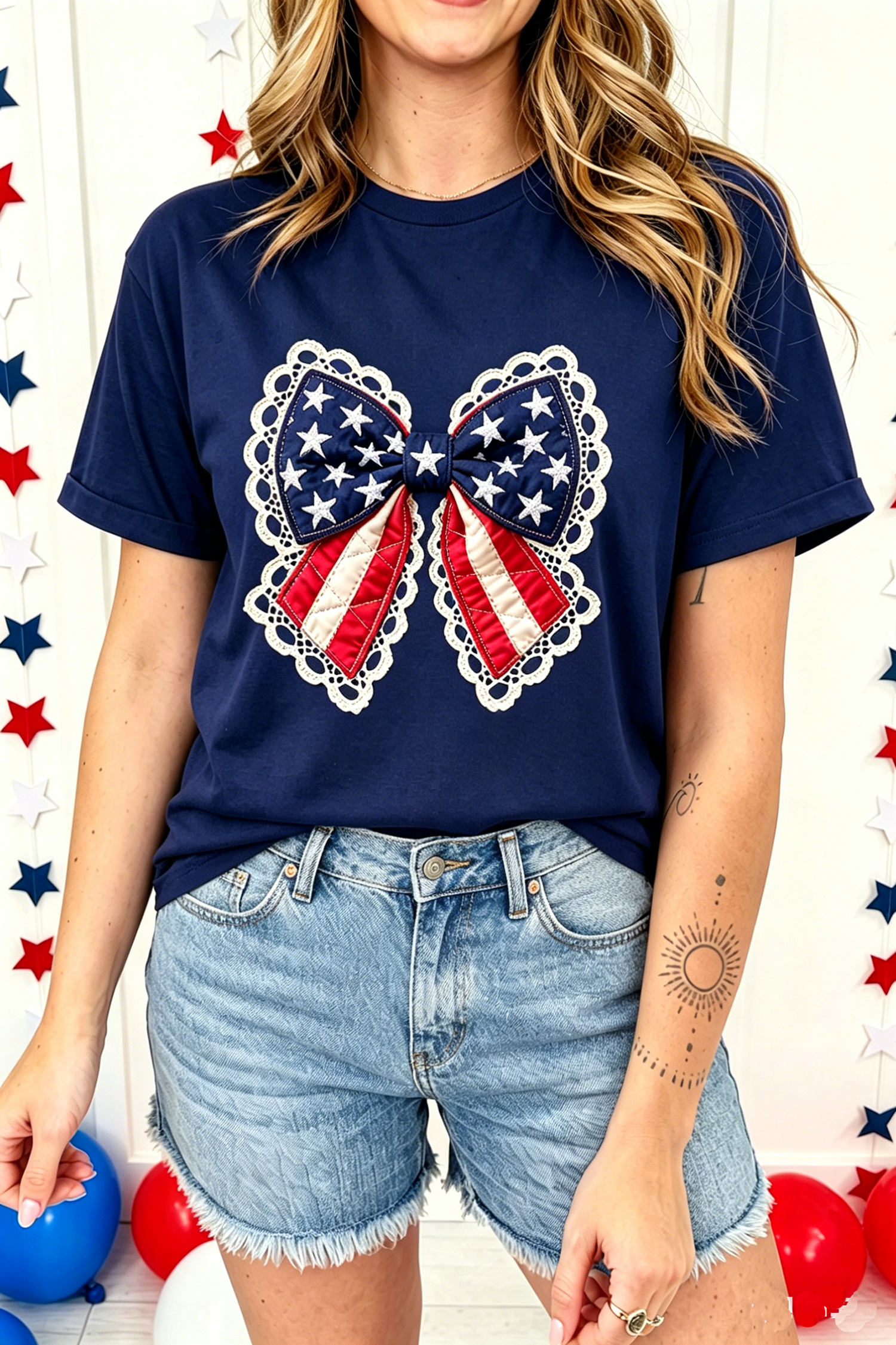 Blue Faux Patchwork Patriotic Bow Graphic Tee
