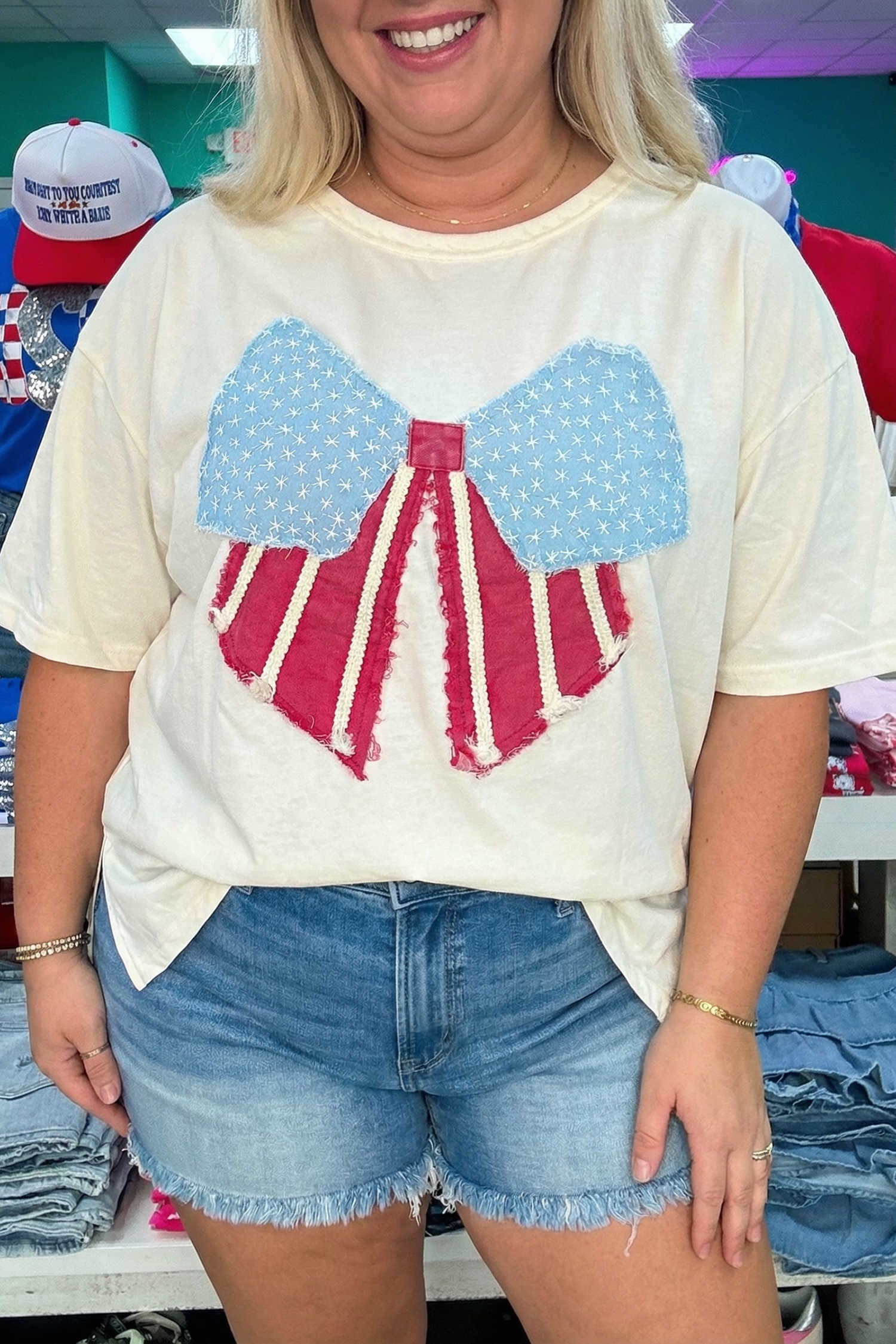 White Distressed Flag Bow Patched Plus Size T Shirt