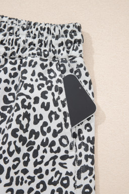 Khaki Leopard Print Tassel Drawstring Casual Denim Skort
