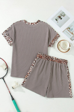 Light Grey Leopard Trim Twist Ribbed Short Set
