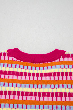 Rose Red Abstract Striped Knit Short Sleeve Sweater