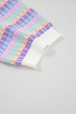 Purple Abstract Striped Knit Short Sleeve Sweater