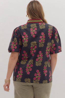 Black Plus Size Floral Print Ricrac Striped Trim Short Sleeve Cotton Blouse
