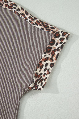 Light Grey Leopard Trim Twist Ribbed Short Set