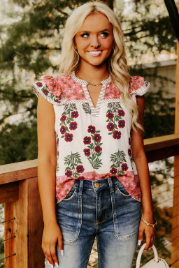 White Floral Print Contrast Striped Trim Flutter Cotton Blouse