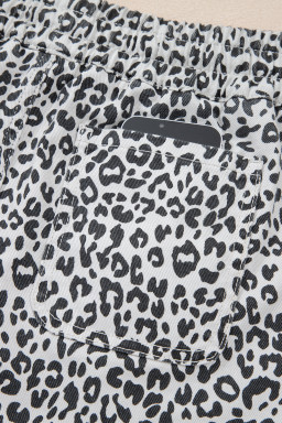 Khaki Leopard Print Tassel Drawstring Casual Denim Skort