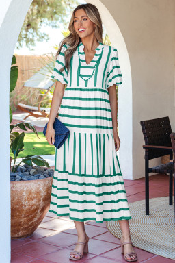 Green Stripe Ricrac Trim Notched Neck Half Sleeve Vacation Dress